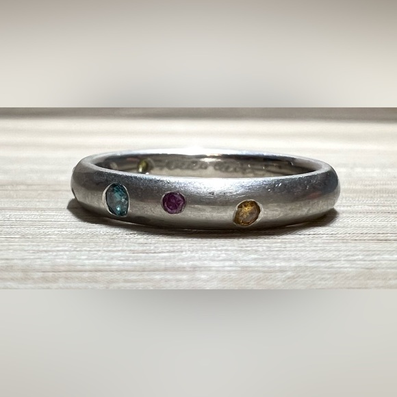 Vintage Designer Signed Flush Set Multi-Colored Gemstone Platinum Ring, Size 6.5 - Picture 2 of 13